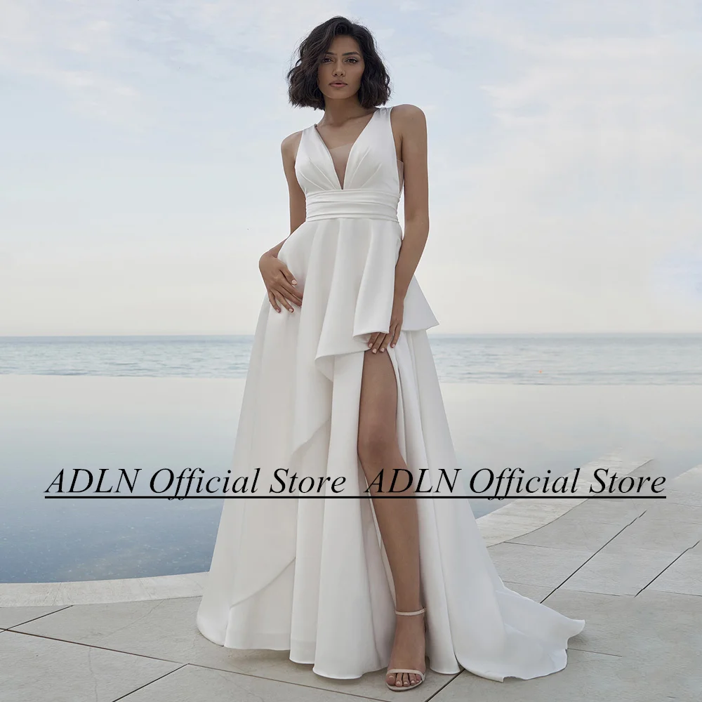 

ADLN Beach Wedding Dress Sexy Deep V Neck Sleeveless Pleat Belt Sweep Train Backless A Line Robe De Mariee Bridal Dresses Gown