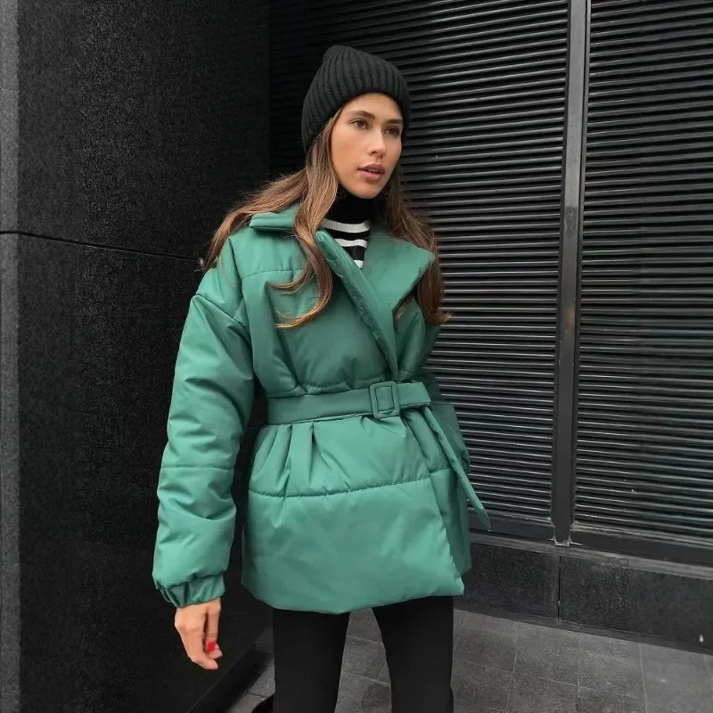 

Женские пальто с лацканами и поясом, утепленные тонкие однотонные хлопковые куртки с длинными рукавами для женщин, зимние модные карманные куртки на шнуровке
