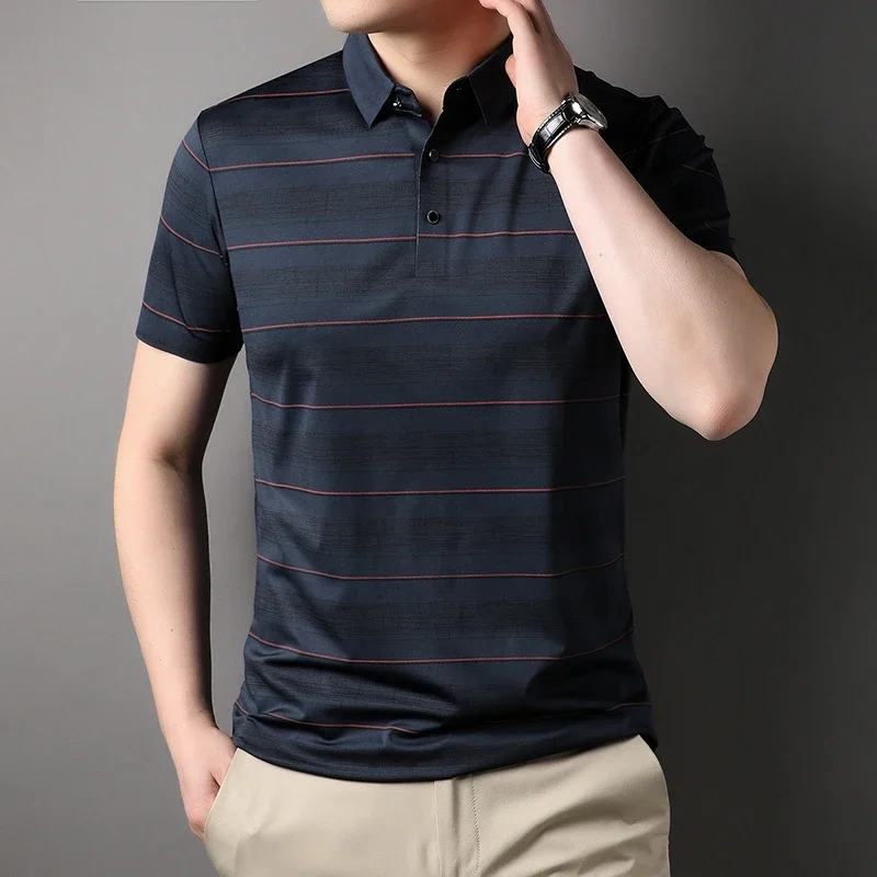 New Top Grade Fashion Brand Boy Plain Polo-Shirts For Men Striped Casual T-shirt Short Sleeve Top Men's Clothing S6040