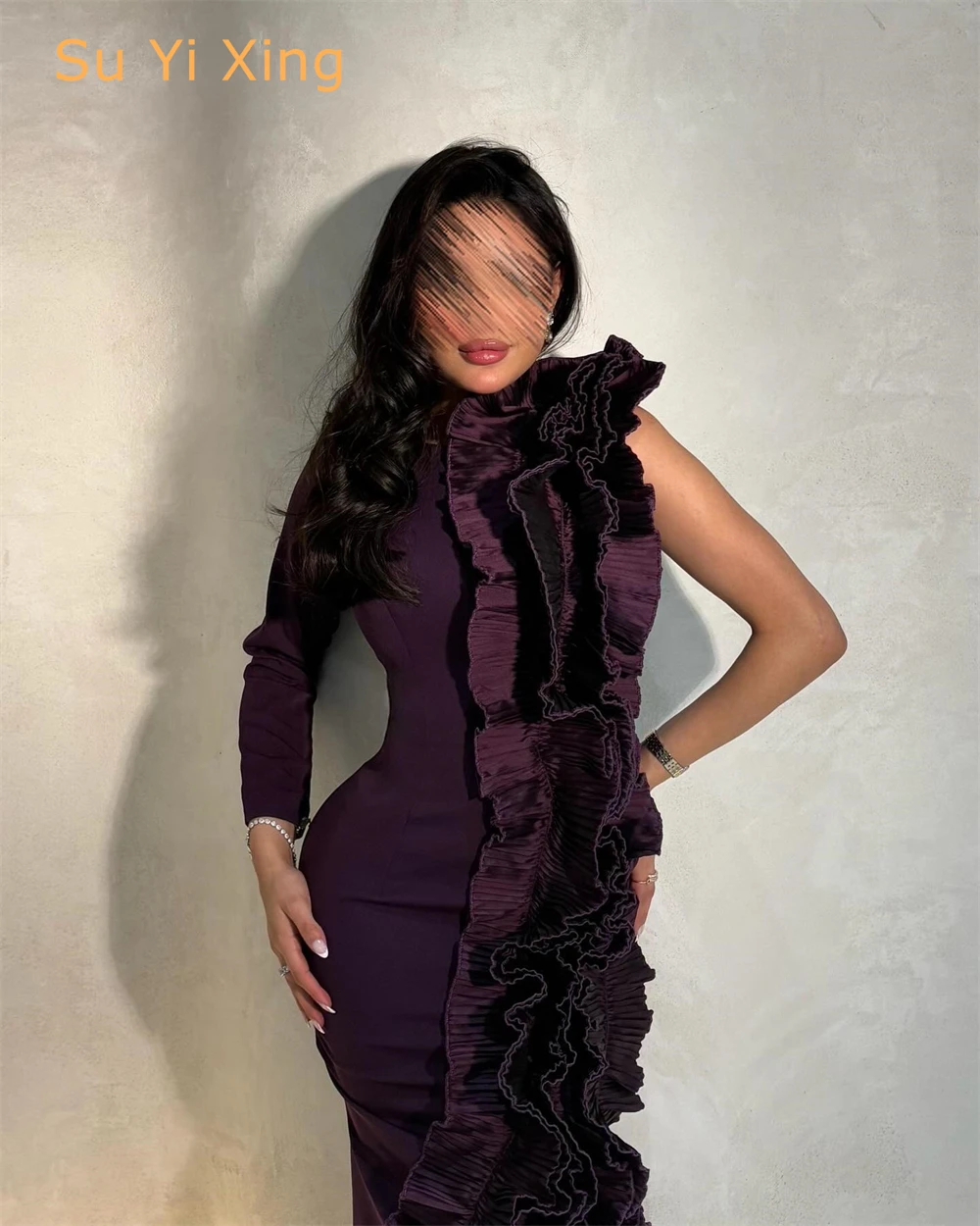 تخصيص حورية البحر رائعة الأرجواني جيرسي مساء اللباس حساسة عالية العنق أكمام حزب اللباس أزياء المشاهير العباءات