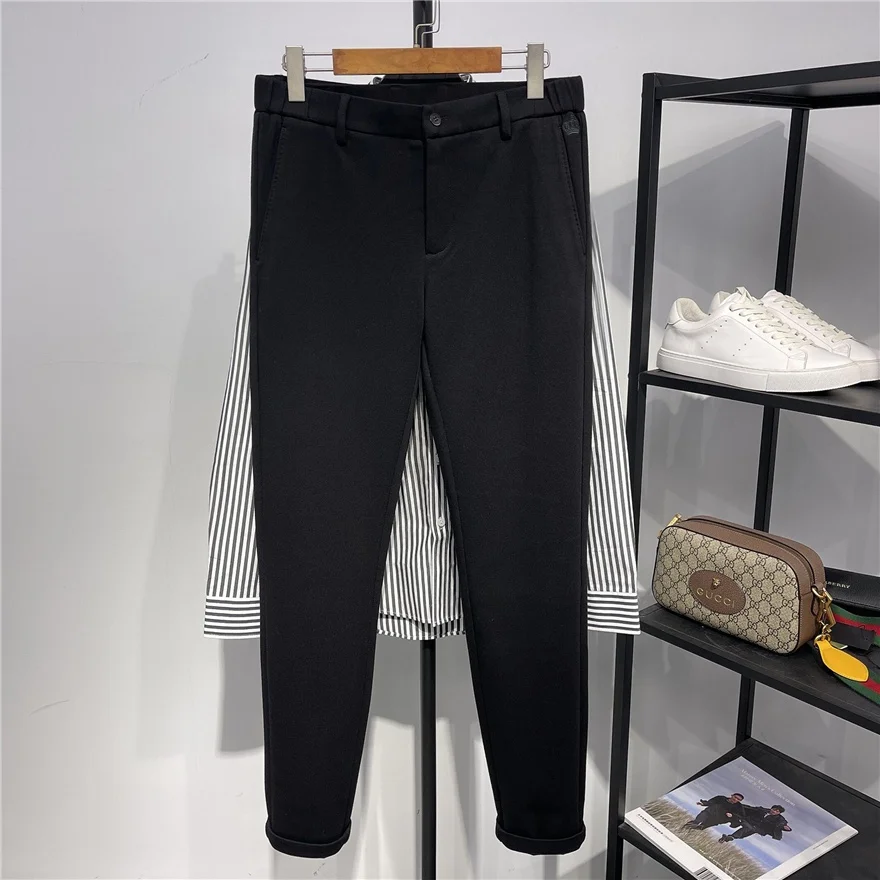 

Итальянские высококачественные осенние брюки для мужчин: не мнущиеся, средней эластичности, с вышивкой, прямого кроя, свободные, повседневные, черные