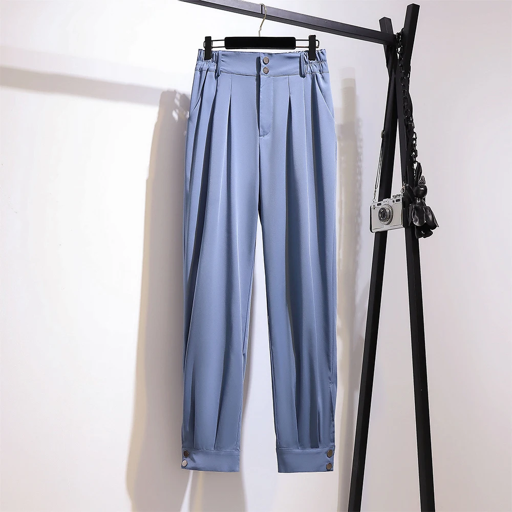 Plus-size women's fall casual commuting relaxed comfortable pants Blue simple button elastic waist pleated bunched feet trousers