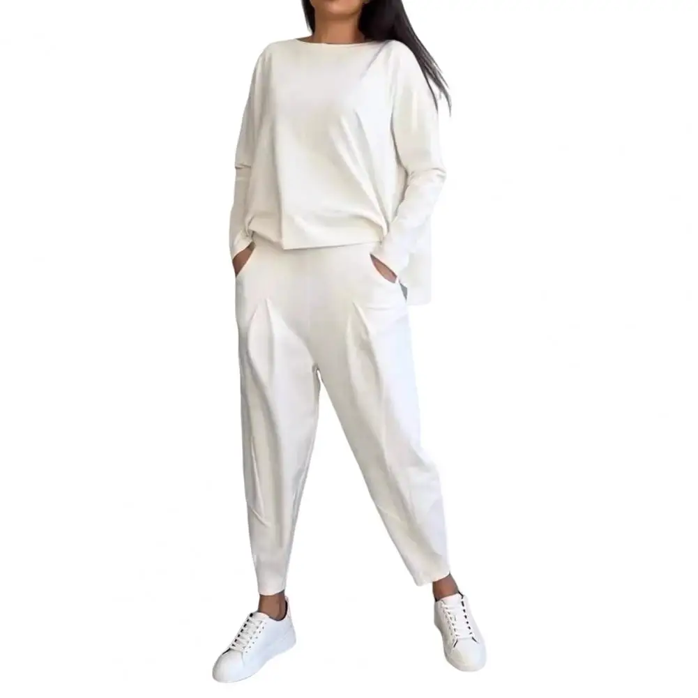 2 Pcs/Set Women Outfit Top Pants Set Long Sleeves T-shirt Elastic Waist Harem Trousers with Pockets Sport Pantsuit Outfit