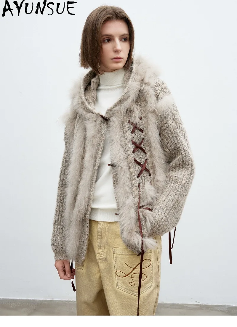 AYUNSUE Female Knitted Coat Mid-length Hooded Loose Sweater Genuine Fox Fur Womens Autumn Winter Clothing Cardigan Women 2026