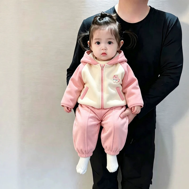 IYEAL Baby Girls Cartoon Lion Embroidery Hooded Zipper Jacket + Pants 2 Pcs Set, Color Block Long Sleeve Warm FleeceTracksuit