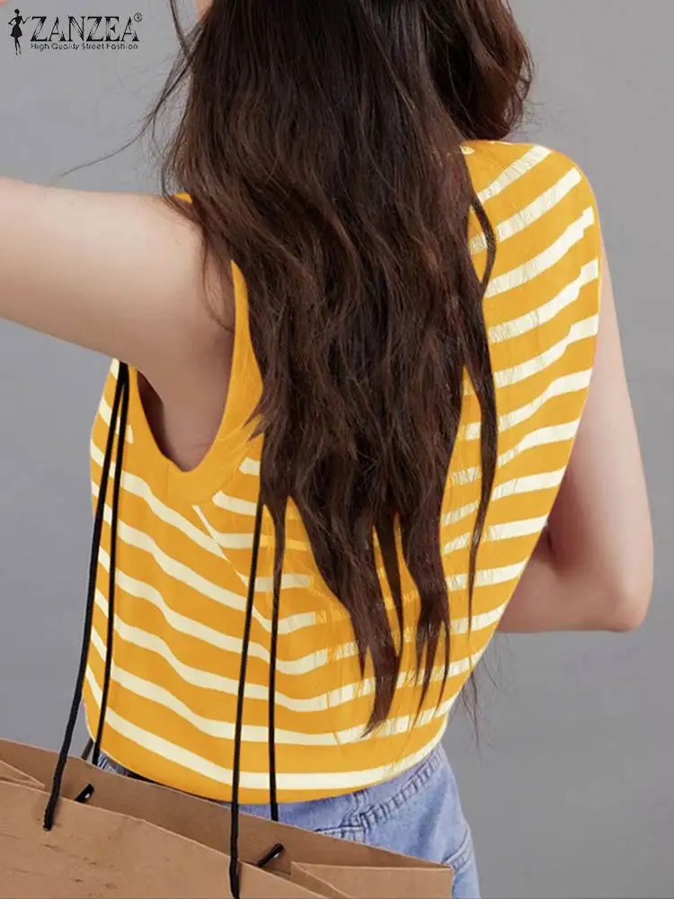 ZANZEA Color Block Korean Fashion Tank Tops Sleeveless 2024 Summer Casual O Neck Striped T-shirts Women Streetwear Knitted Tees