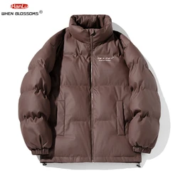 2024 Winter Warm Jacket Thicken Parkas PU leather fabric Down cotton filling Coat Men Bubble Jacket Street Fashion