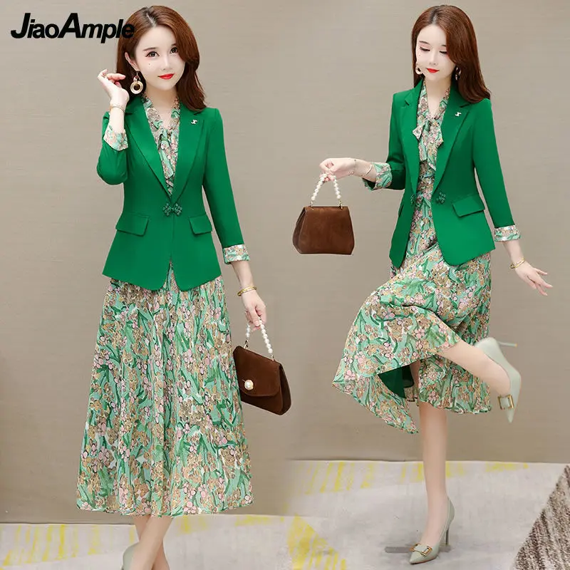 Women\'s Elegant Suit Jacket Floral Dress Two-piece Korean Casual Blazers Business Dresses Set Female Clothing Midi Skirt Suit