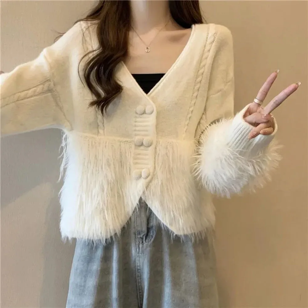 2023 Autumn/winter New Oversized Pullovers Women's Long Sleeved Fashion V-neck Cardigan Fringe Patchwork Knitted Sweater Jacket