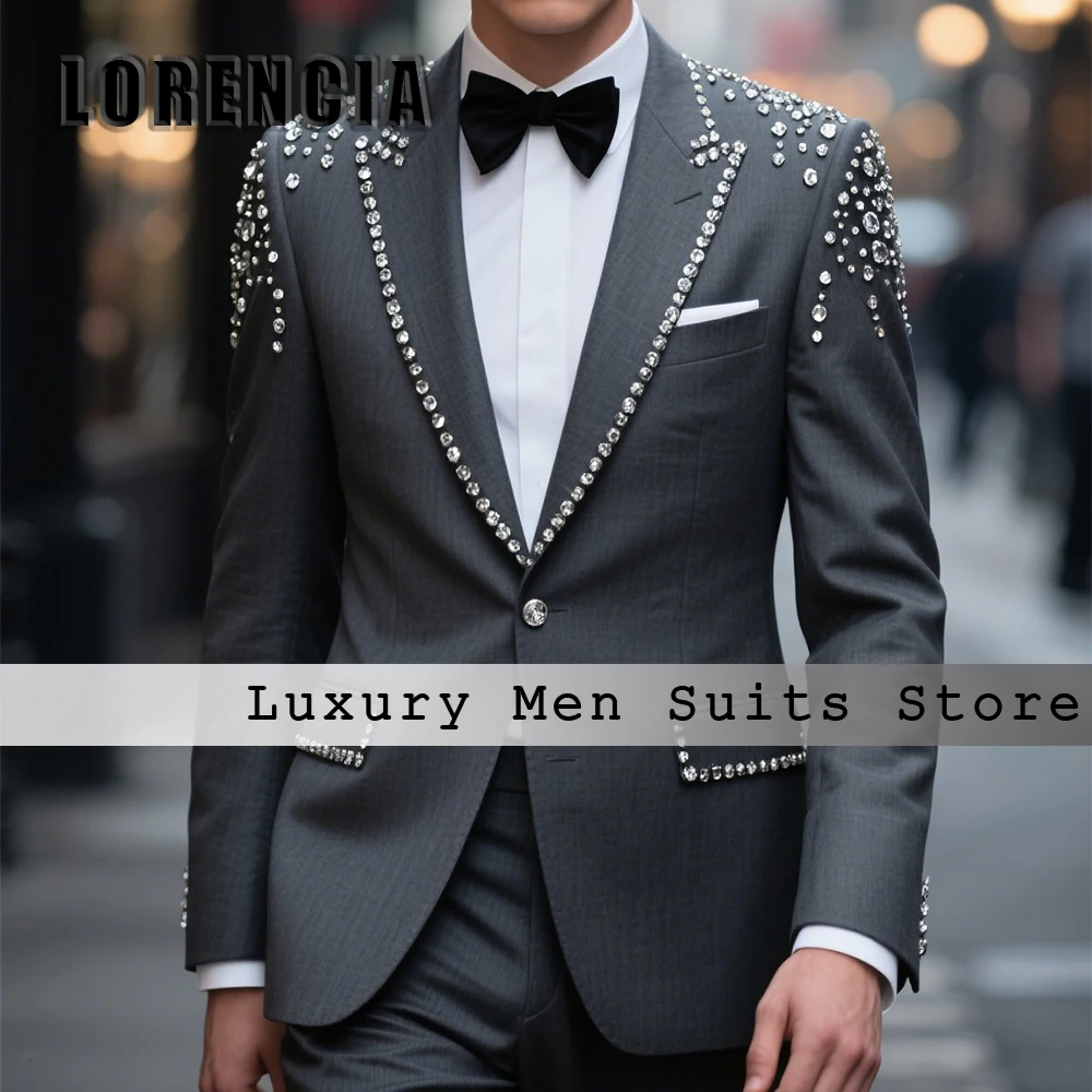 

Leisure Glitter Male Suits 2 Pieces Crystal Tuxedos for Wedding Banquet Outfits Customized Blazer Pants terno smoking masculino