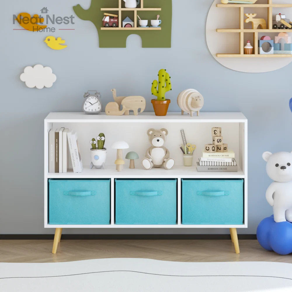 

Kids bookcase with Collapsible Fabric Drawers, Children's Book Display, Toy Storage Cabinet Organizer, Modern style,White/Blue
