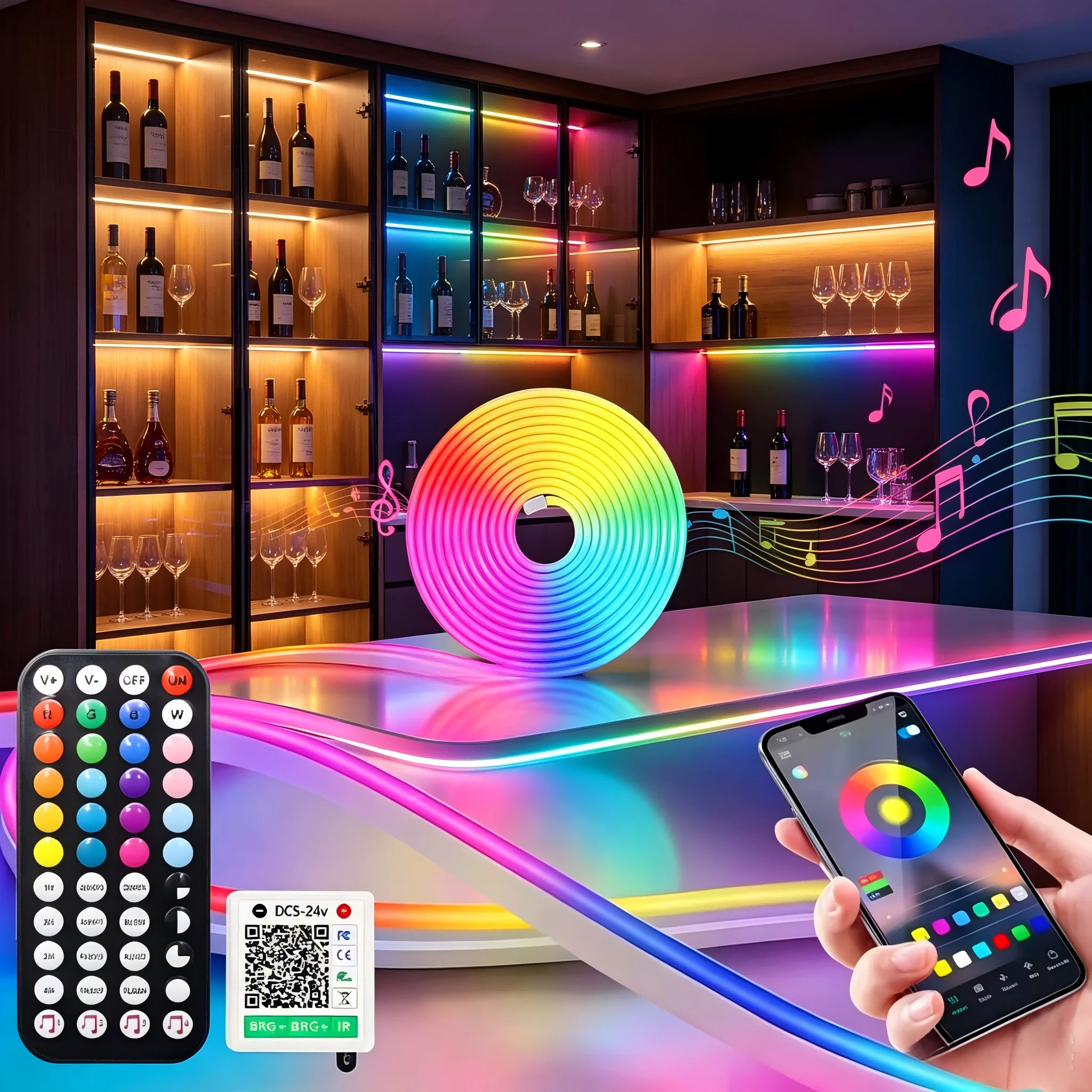 5M/10M/20M, 24V, Rgb Color-Changing Neon Led Light Strip, Eu Plug, Supports App and Remote Control, 44-Key Music Remote Control, Can Follow the Music Rhythm Via App, Flexible Rgb Light Strip Led Neon Light, Suitable for Sideboards, Bar Counters, Bedroom and Home Ceiling Decoration, Gaming Atmosphere, Tv and Computer Ambiance, Music Festivals, Parties, Stages, and Other Environments