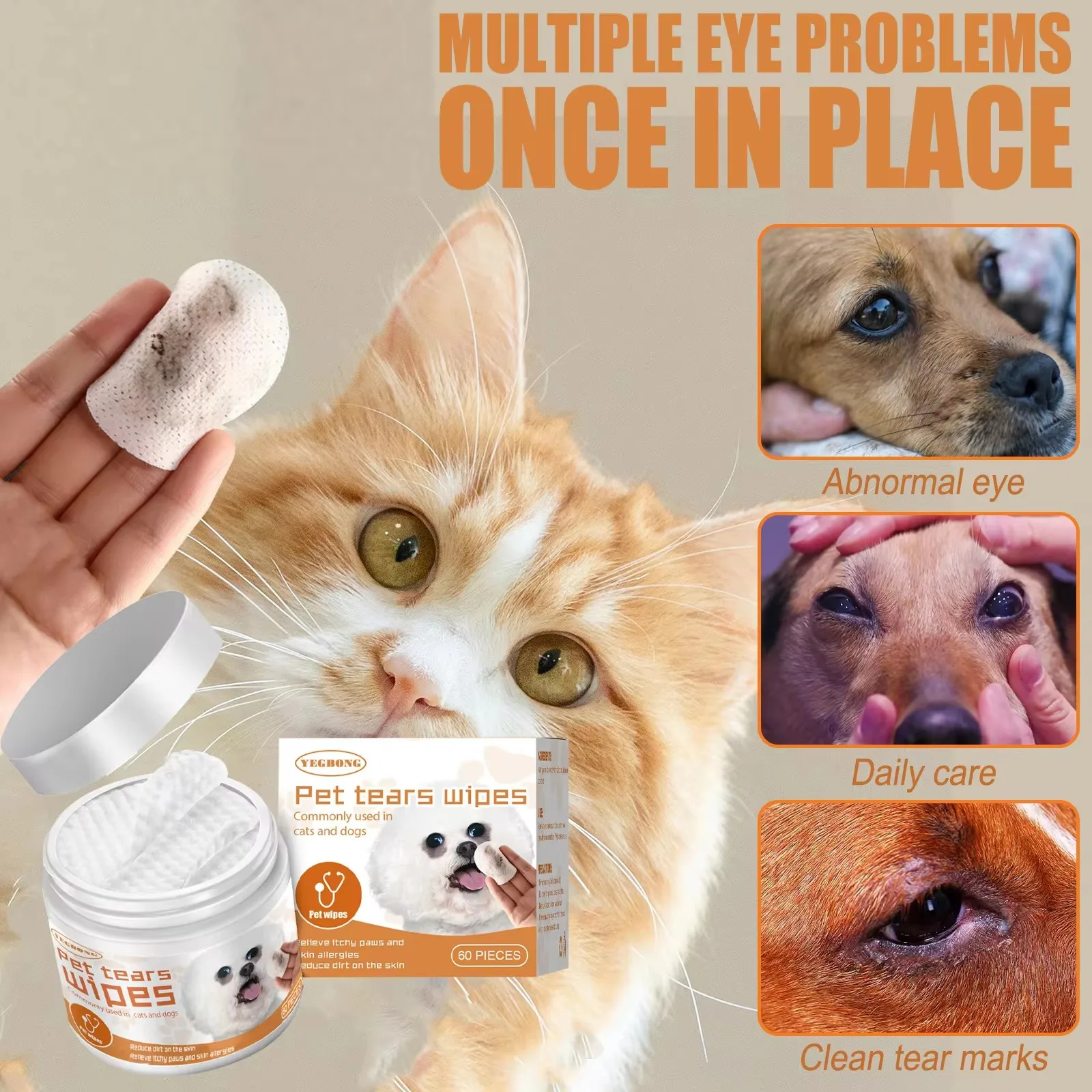 Pet Eye Wet Wipes Tear Stain Remover Deodorant Eye Grooming Wiping Earwax Cleaning Relieve Itching Irritation Dog Eye Wet Towels