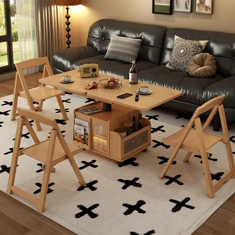 Solid wood liftable folding coffee table small apartment mobile table dual-purpose tea table multi-functional sofa side cabinet