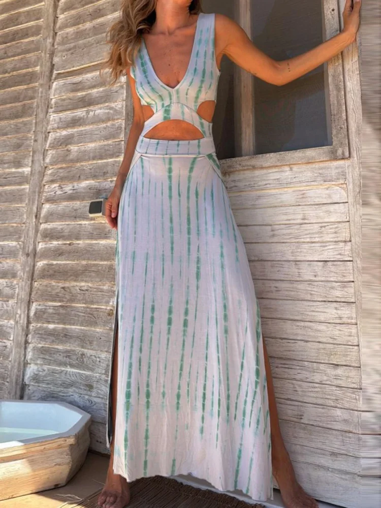 Sleeveless Elegant Fashion Printing Party Dress, Women Summer V-Neck Hollow Out Maxi Dress, Patchwork Simple Chic Ladies Dress