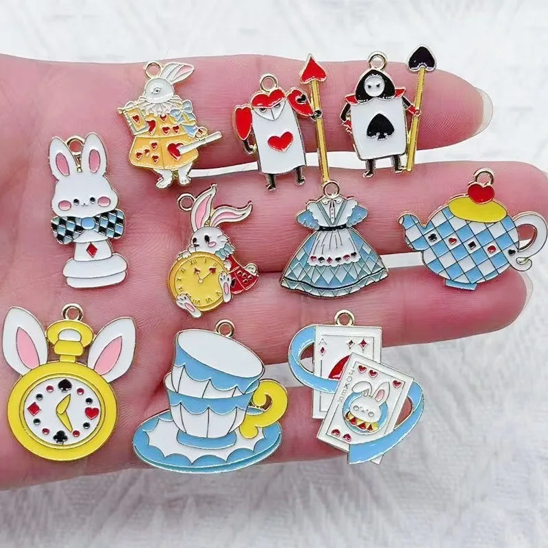 10pcs Alloy Drip Oil Plate Rabbit Alarm Clock Skirt Water Bottle Pendant, DIY Jewelry Making Earrings Keychain Accessories