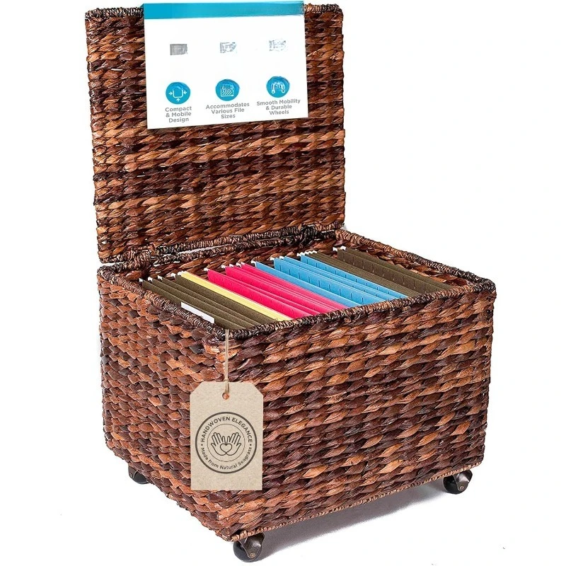

HOME Seagrass Rolling File Cabinet Storage Organizer Box with Lid Home Office Decor