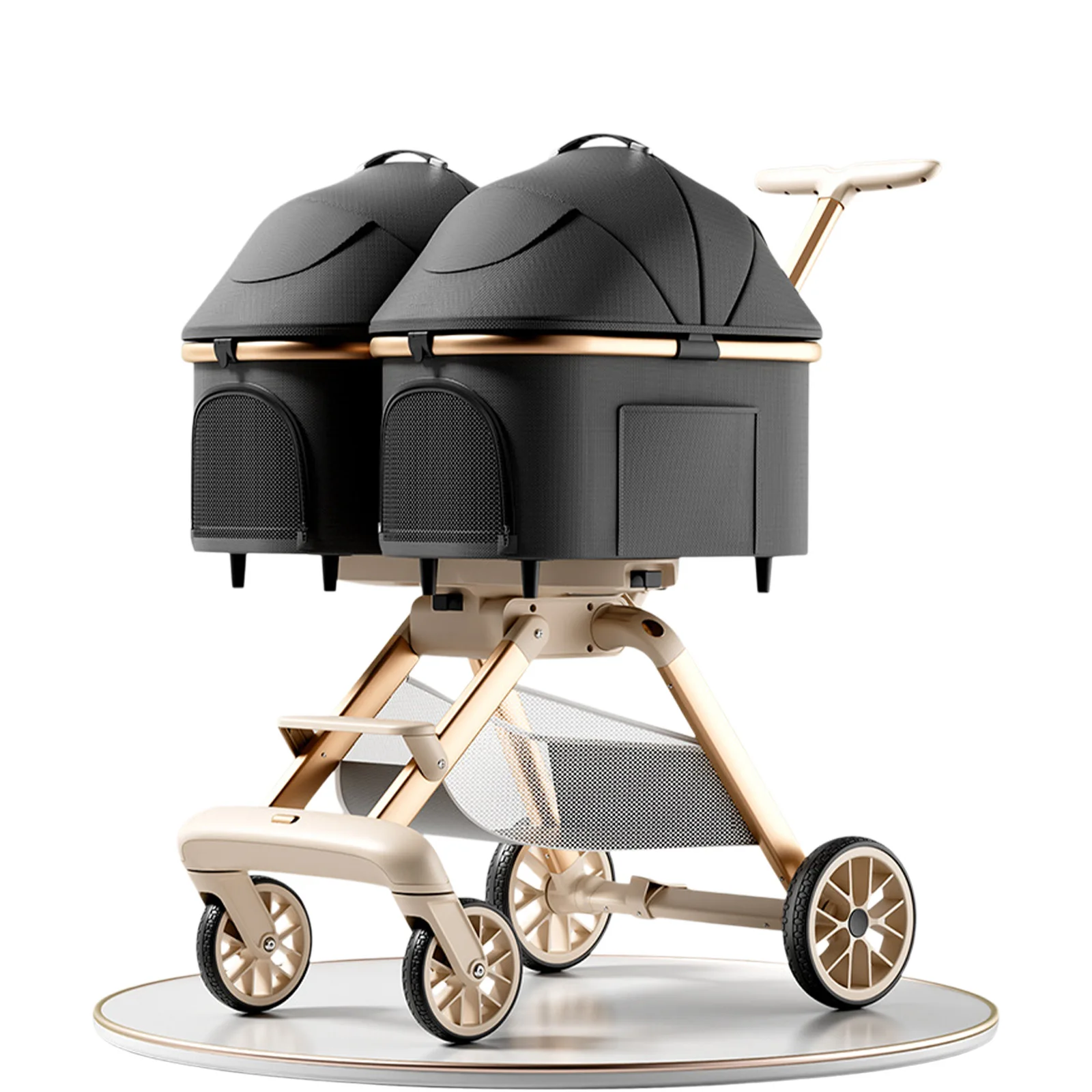 Double Deck Pet Stroller Multi-Functional Foldable 4-Wheel Dual Cabin One-Button Lightweight Aluminum Travel Cart 30kg Capacity