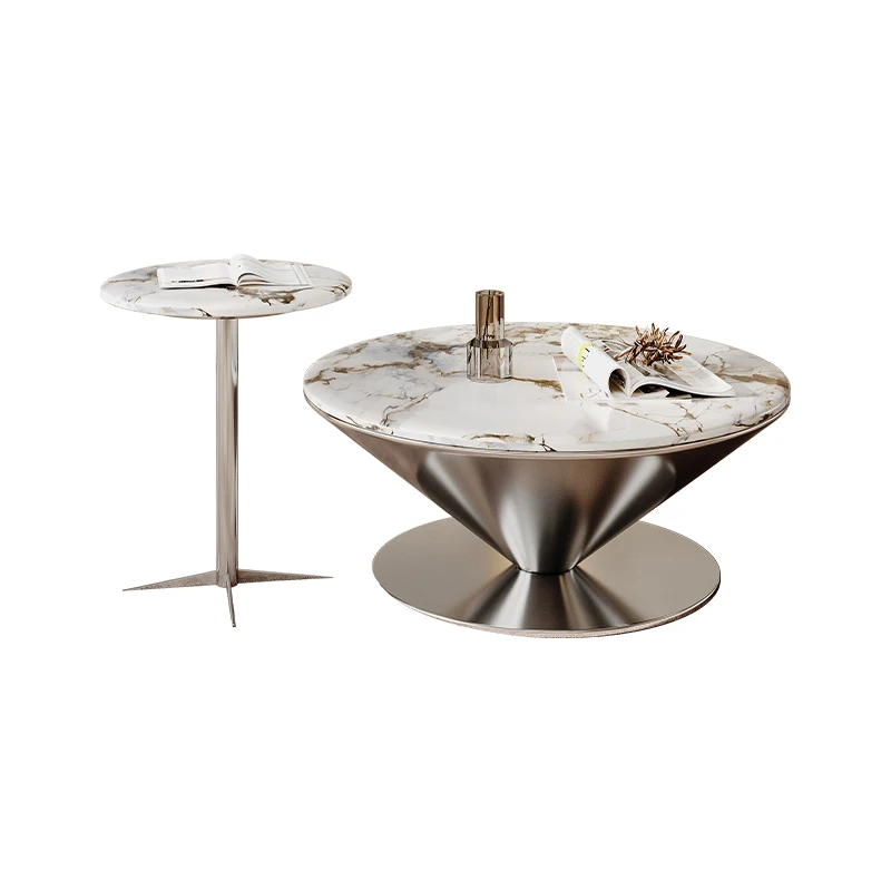 Modern 2-Piece Round Coffee Table Set, Natural Marble Top with Polished Stainless Steel Base