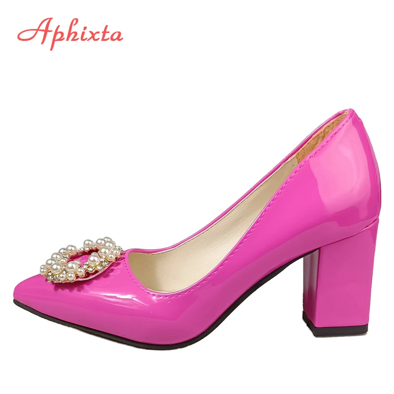 Aphixta New 7cm Square Heel Baby Pink Pearl Crystals Buckle Patent Leather Women Pumps Officile Pointed Toe Shoes Big Size 50
