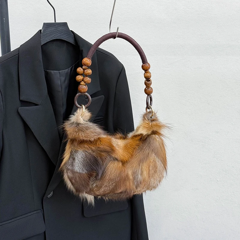 

LEFTSIDE 2025 Women's Small Quality Real Fur Tote Bag Luxury Plush Handbag with Wooden Beads for Office Work Elegant Purse