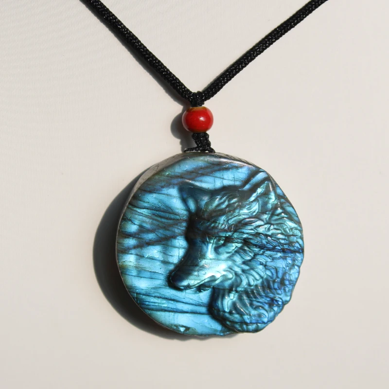 Unit One Piece Natural Strong Flash Labradorite Crystal Wolf Carving Necklace Pendant For Gift