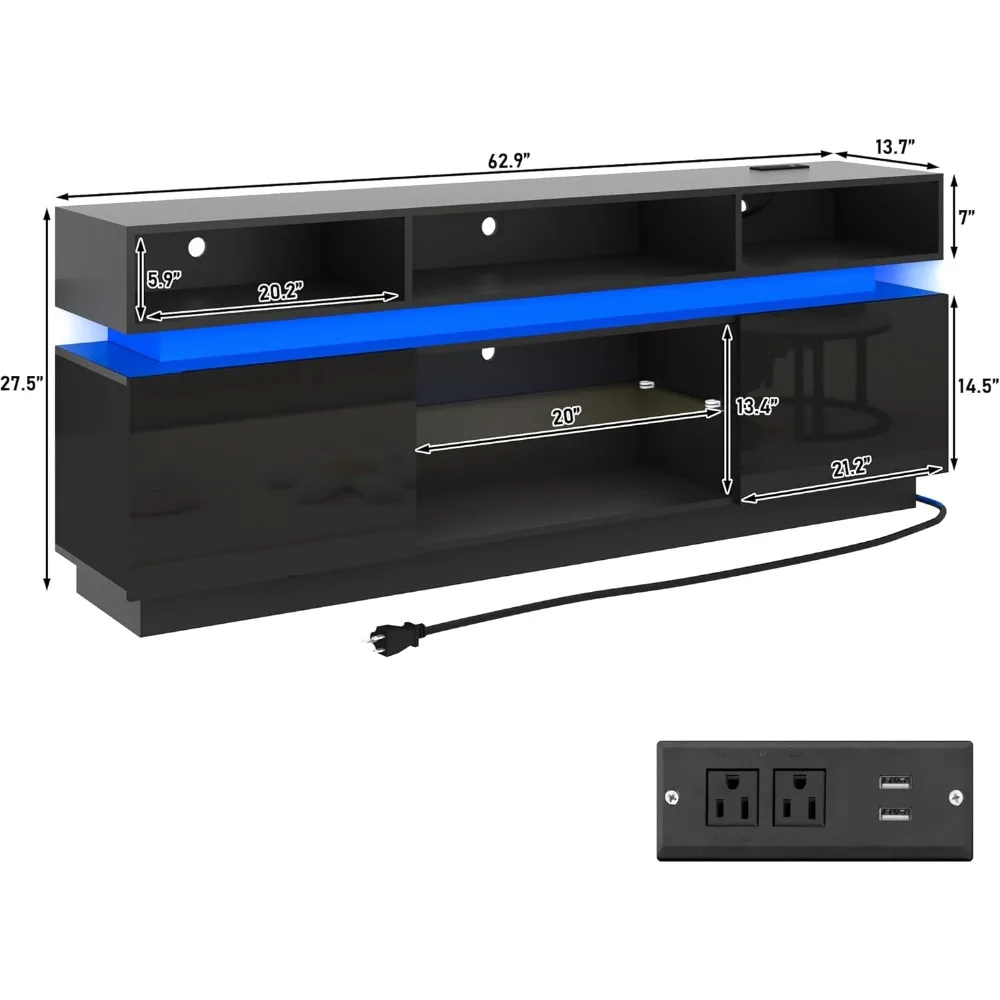 حامل تلفزيون LED حديث طويل القامة لأجهزة التلفاز مقاس 75 بوصة، ومركز ترفيه مع منافذ طاقة، ووحدة تحكم وسائط ألعاب عالية اللمعان