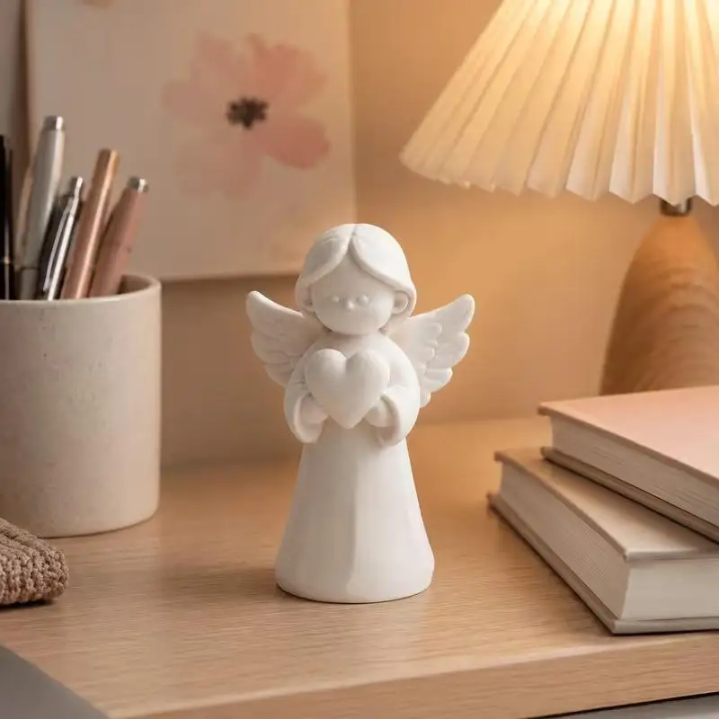 3D Printing White Angel Figurine With Holding Heart Design And Matte Finish For Home Desktop Decor Holiday Gifts