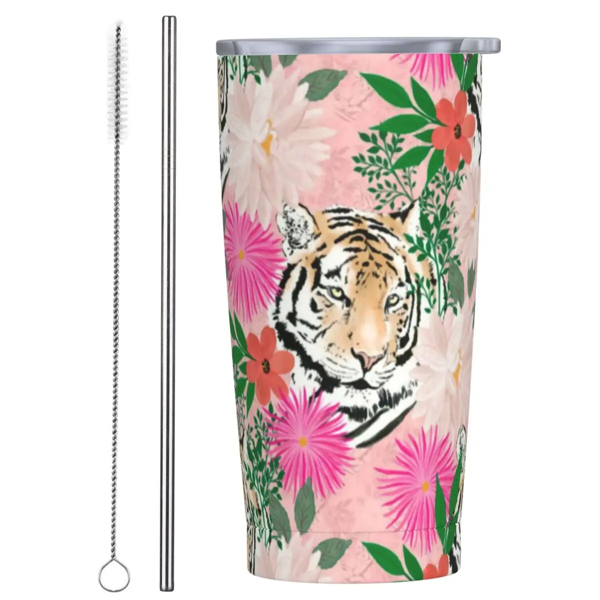 Stainless Steel Tumbler Tiger Animal Thermal Cups Pretty Watercolor Floral Portable Cold Drink Mugs Cup Travel Water Bottle