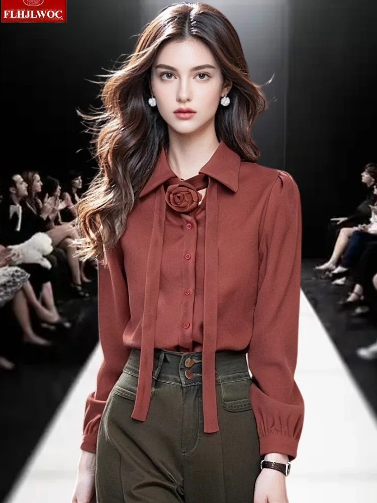 Corduroy Shirts Fashion Women Christmas New Year Korean-Style Vintage Hong Kong Girls Casual Simple Button Rose Bow Tie Tops