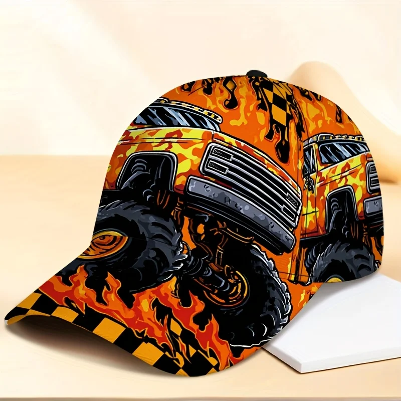 Monster Truck Flame Print Baseball Cap Cool Off Road Vehicle Pattern Adjustable Trucker Hat For Men Boys Outdoor Racing