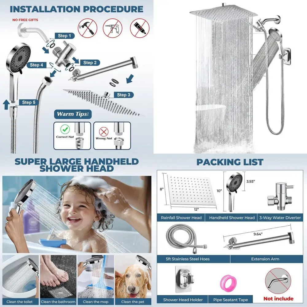 

12 Adjustable Arm Rain Shower with Detachable Handheld, Silver Shower Hose & Holder