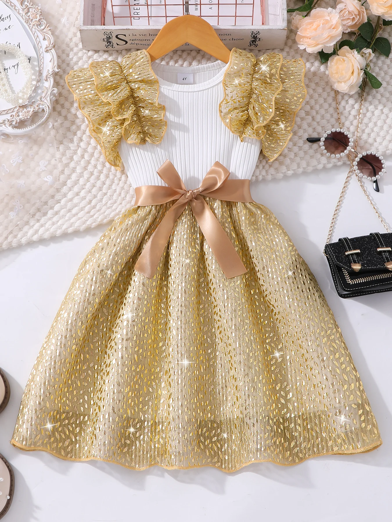 Summer casual lotus leaf sleeve groove strip hollow splicing dress for children (girls)