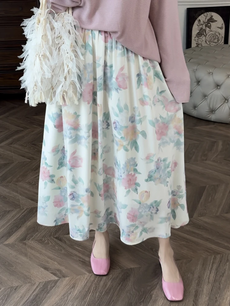 

Zhang ei Autumn 2024 Floral Print Anti-Wrinkle High Waist A-Line Skirt Ele Aosphere f-length Polyester Blend