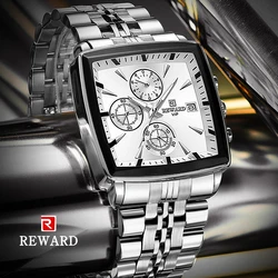 REWARD Silver Rectangle Men's Watches Quartz Wristwatches Luxury Business Watch Clock Luminous Hands Waterproof Clock Man