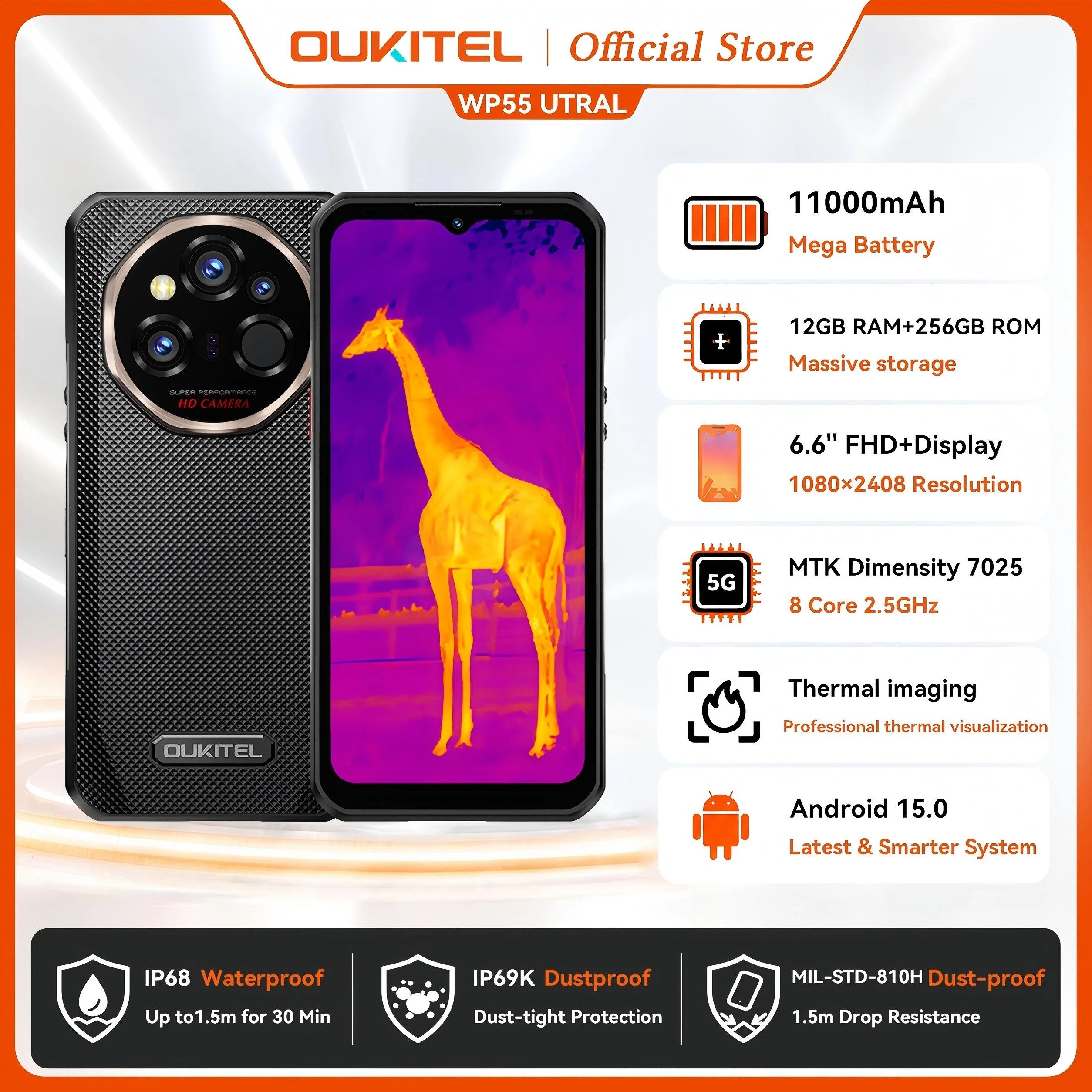 OUKITEL WP55 Ultra Rugged Phone - Thermal Imaging 5G MTK 7025,11000mAh,48+512GB,108MP 6.6