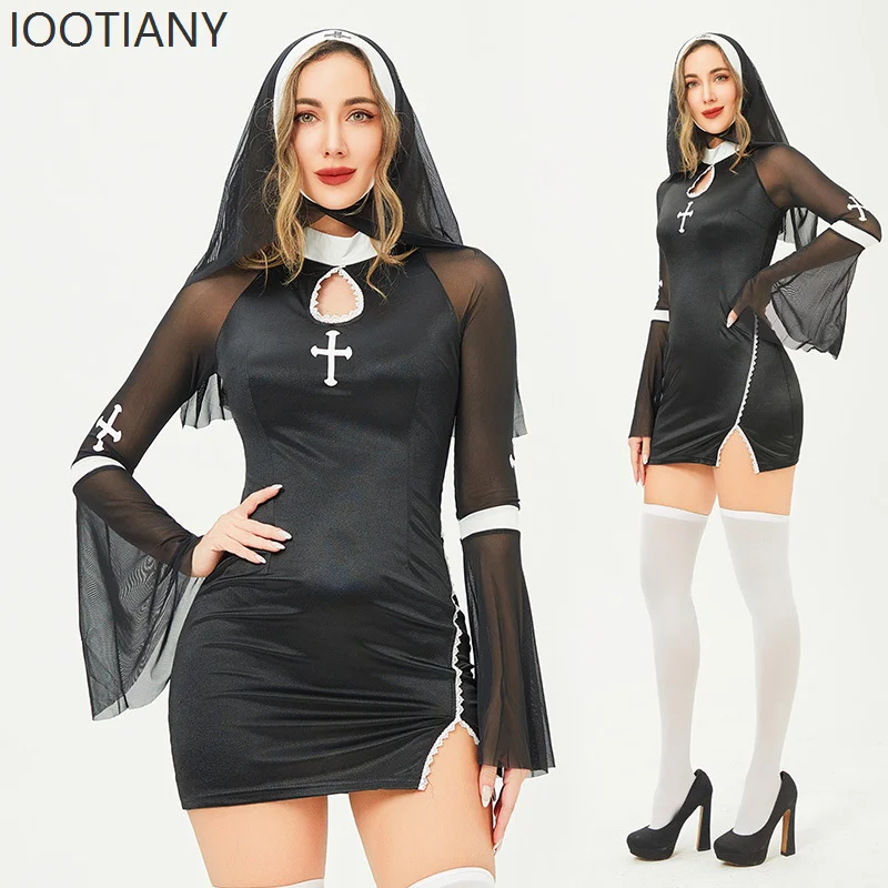 

IOOTIANY Halloween Sexy Nun Cosplay Vampire Lady Fantasy Costume Carnival Party Set Dark Gothic Cross Dress Performance Costume