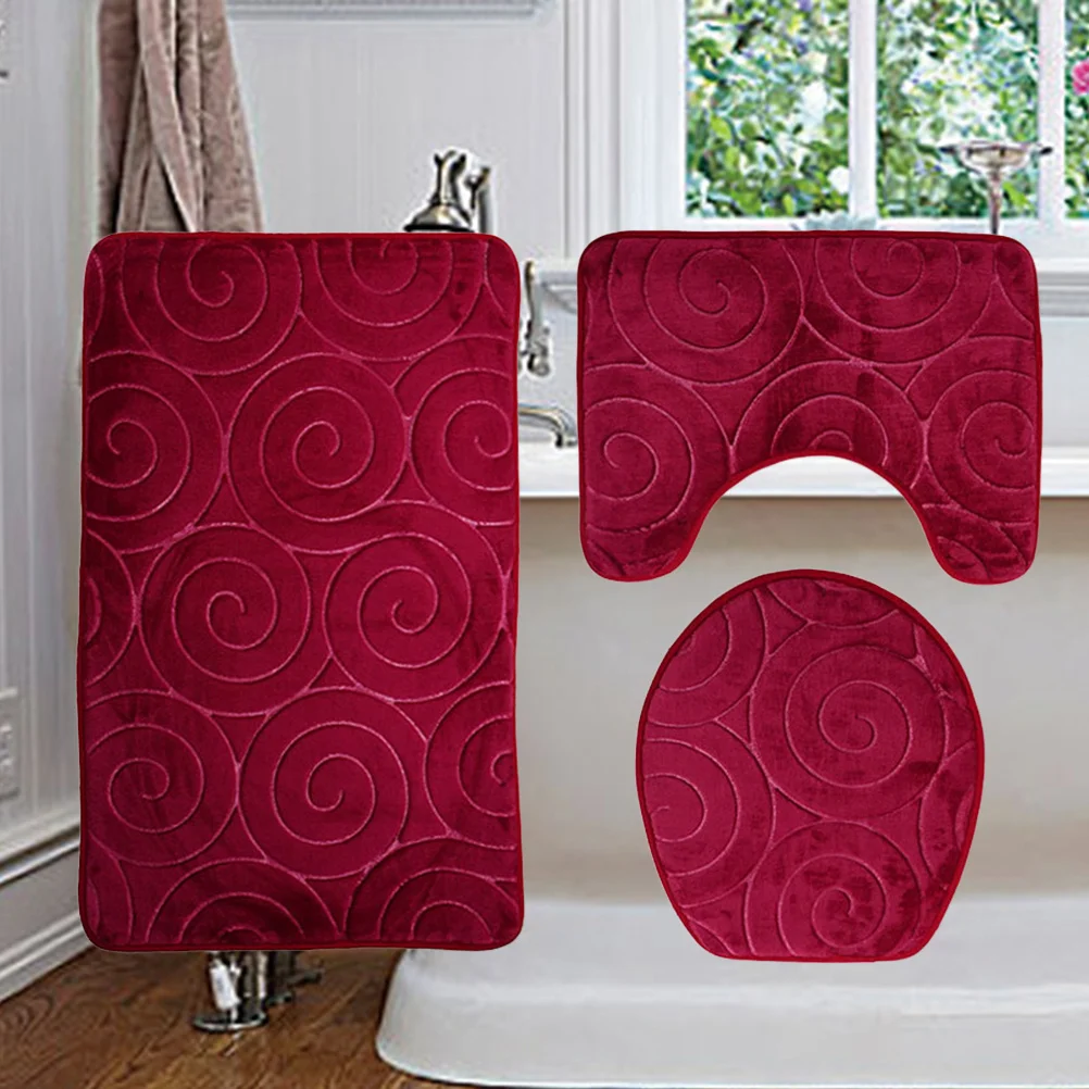 

Embossed Bathroom Mat Set Flannel Bathtub Rug Non-Slip Backing High Water Absorption Stitching Red