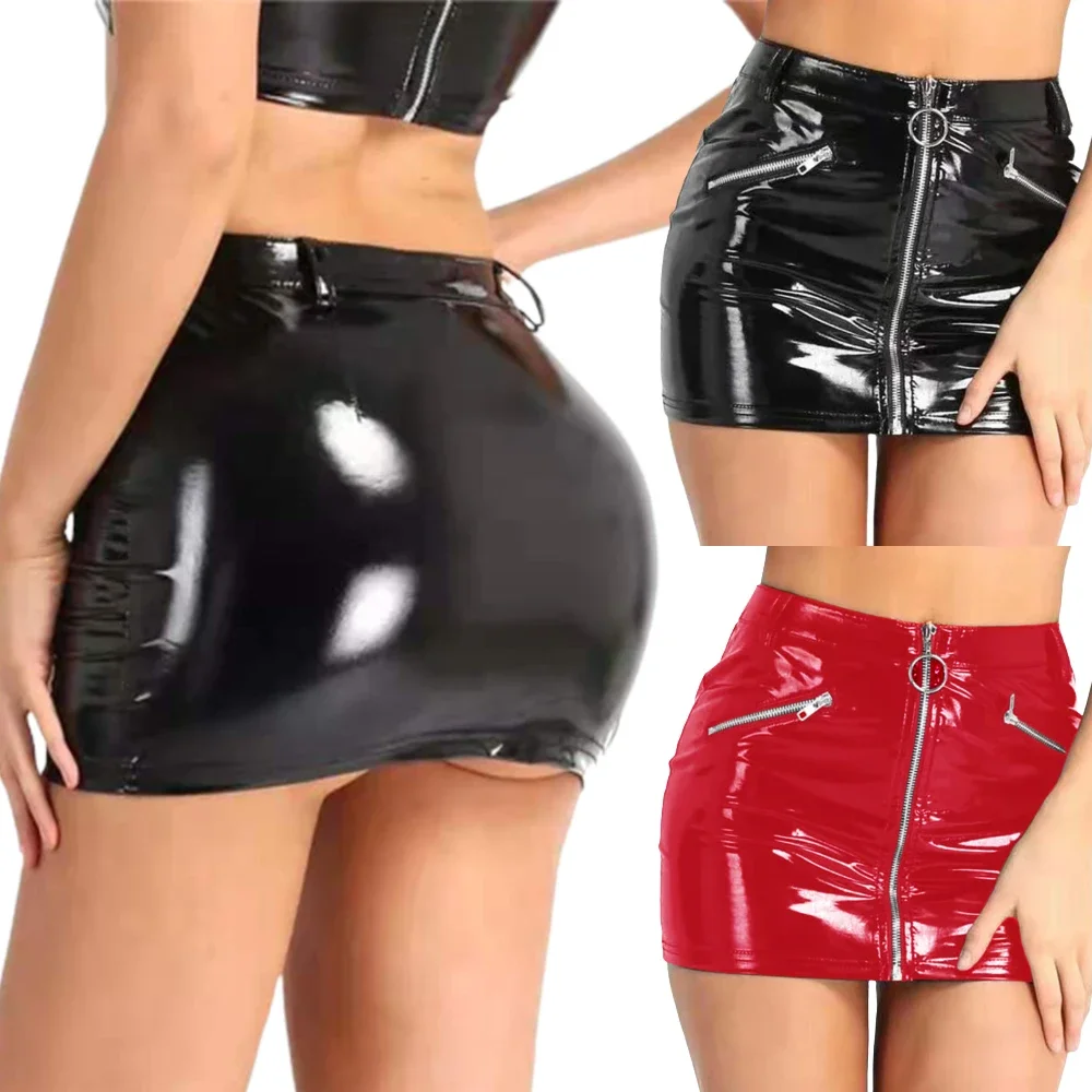 Women Faux Leather Mini Party Wear Skirts Fake Zipper Pockets Bodycon Mini Skirt Pole Dance Latex Short Skirts Wetlook Clubwear