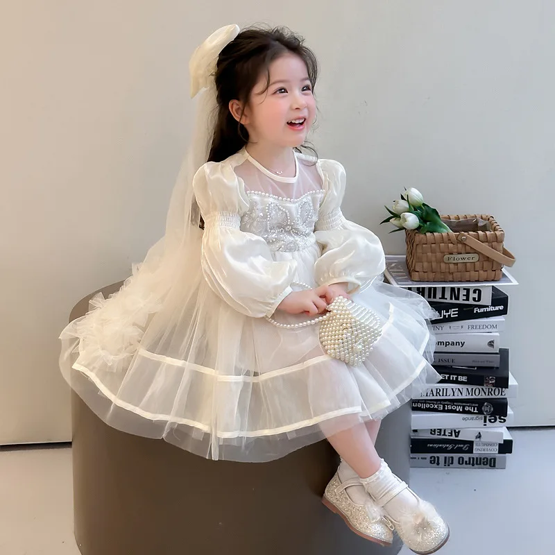 Girls Long-sleeved Mesh Dress 2025 Little Girl Pearl Butterfly Fluffy Princess Dress Baby Birthday Dress Fashion