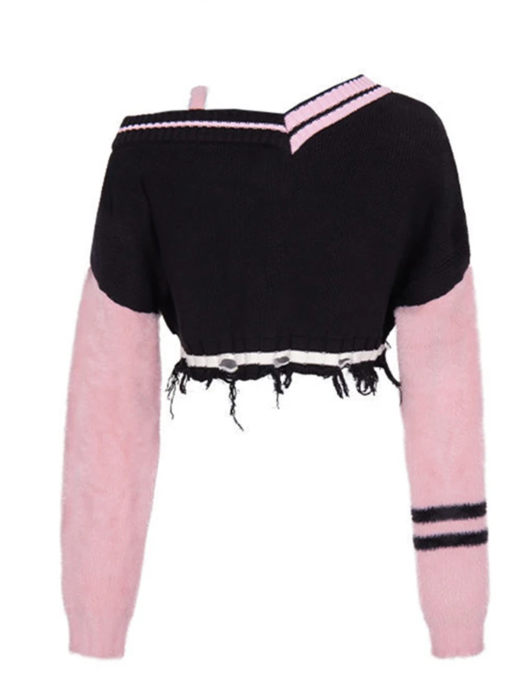 Women Korean Shoujo Long Sleeve Crop Tops Contrast Color Sweater Damage Knitwear 2000s Dark Academia Gyaru Coquette Y2k Kpop New