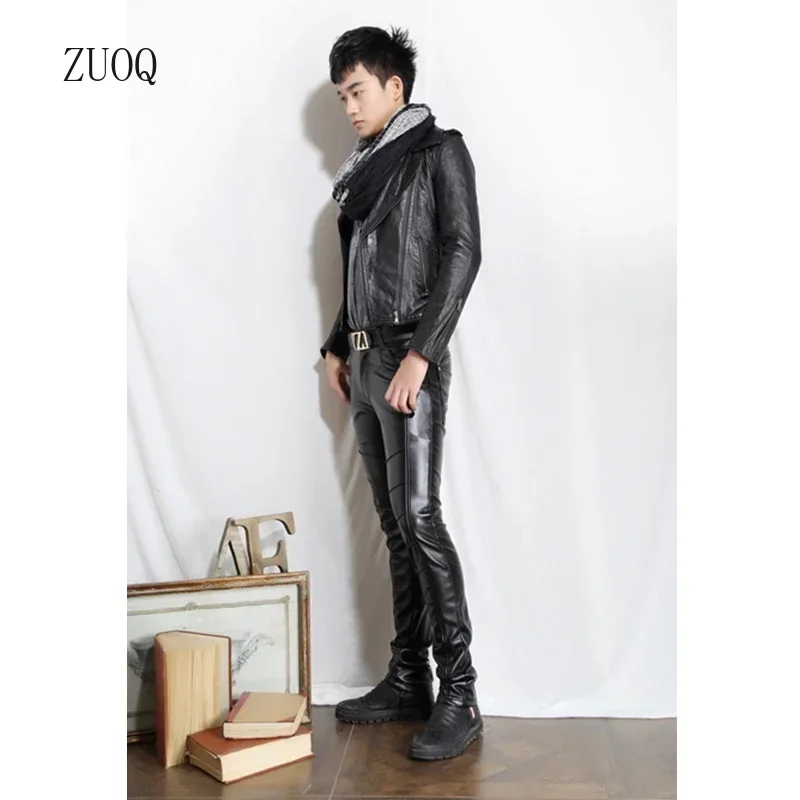 Personality Men\'s Leather Pants Slim Male Clothing PU Trousers Nightclub College Party Skinny Biker Streetwear