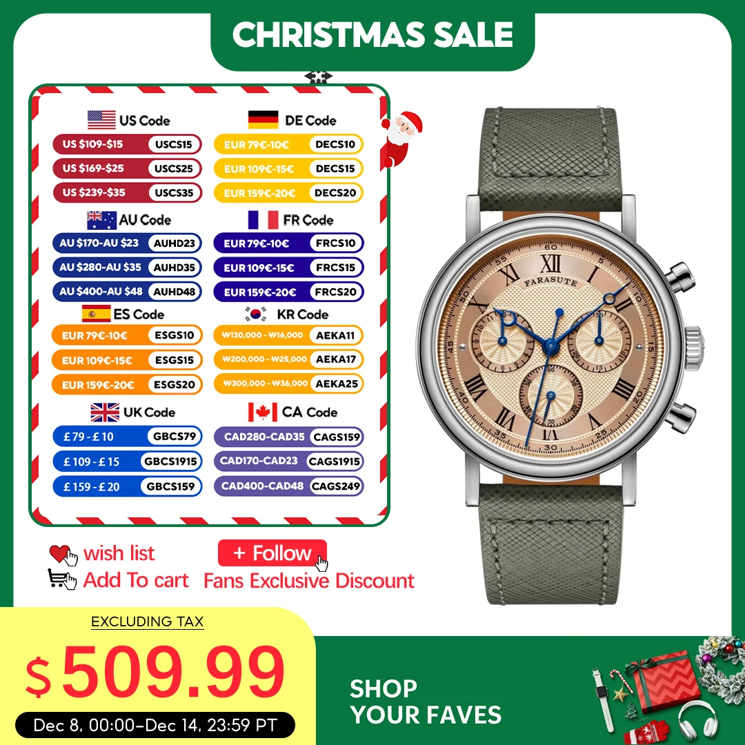

FARASUTE Men Automatic Watch Retro Chronograph Mechanical Watch Sapphire Stainless Steel Three Window Waterproof Peacock 4801