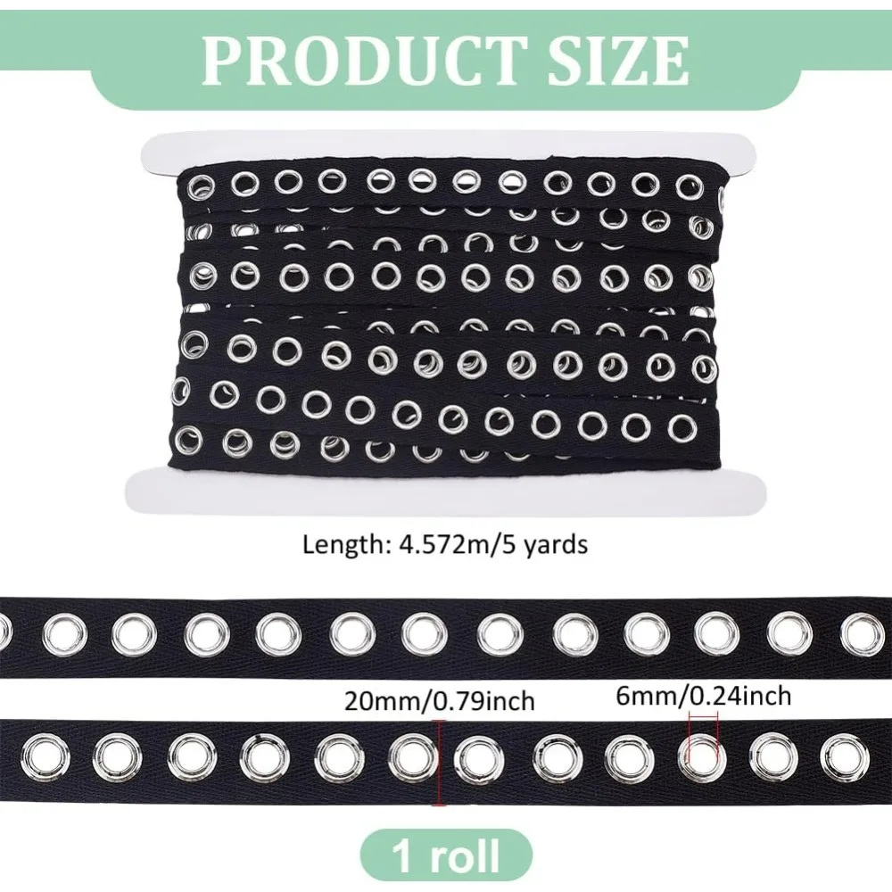 5 Yards Black Grommet Trim Cotton Eyelet Tape 3/4 inch Wide Eyelet Twill Trim Grommet Tap with 6mm Eyelet Rings for Sewing