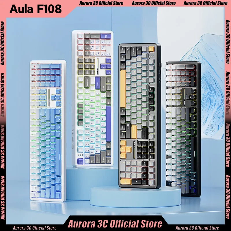 Aula F108 기계식 키보드, 무선 맞춤형 1k 폴링률, 100% 레이아웃, Hifi 스위치, 핫 스왑, RGB 키보드, 3 가지 모드, 2.4g