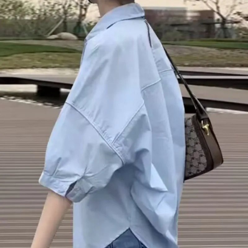 

Short Sleeve Shirts for Women Loose Solid Design Young College Girls Summer Turn-down Collar New Trendy Korean Style Fit Casual