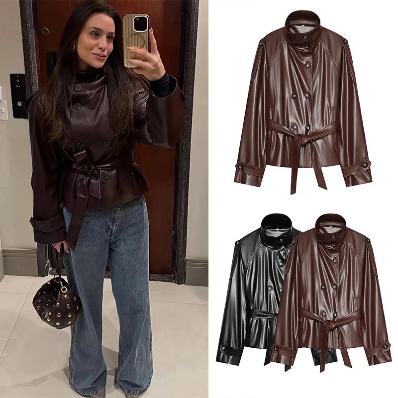 Guobioziy Women's Faux Leather Jacket 2026 Spring and Autumn New Arrival Single-Color Button Design French Casual Trendy Street