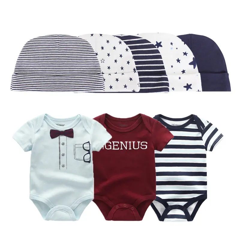 Baby 3 Pack Cotton Bodysuits & 5 Printed Hats, Cartoon Print Short Sleeve Onesie Cap Outfit For Newborn Infant Boys Girls