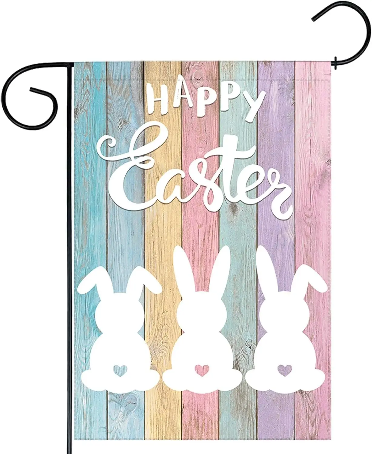 Funnytree Happy Easter Garden Flag Bunny Colorful Wooden Board Outdoor Decor Spring Rabbit Yard Flags Farmhouse Decoration Verti