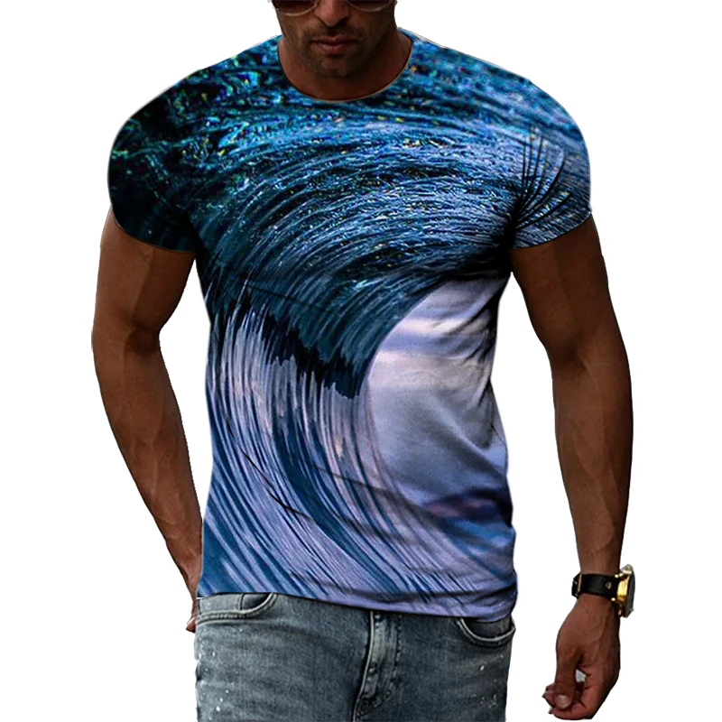 New Summer Surf Pattern T-shirt Personality Handsome Casual Trend Top Fashion Street Printing Short-Sleeved Round Neck Clothing